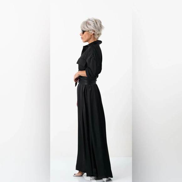 Locker Room ELEGANT MAXI BLACK SHIRT DRESS WITH VEGAN LEATHER BELT Size S/M/L/XL - Picture 2 of 10